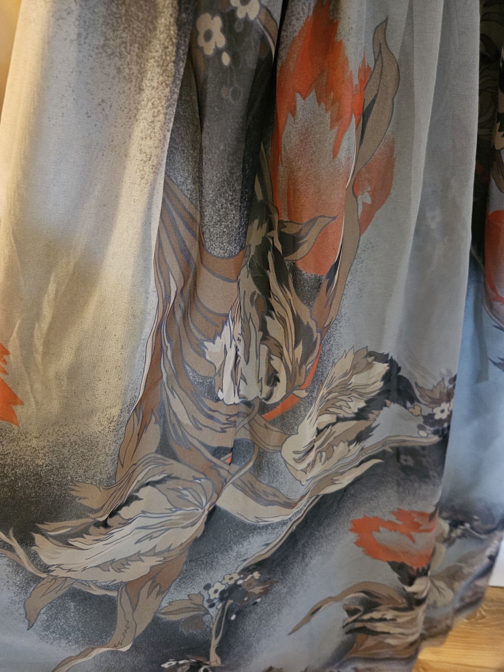 Vintage 1970s Maxi Dress in Gray with Orange Floral Print